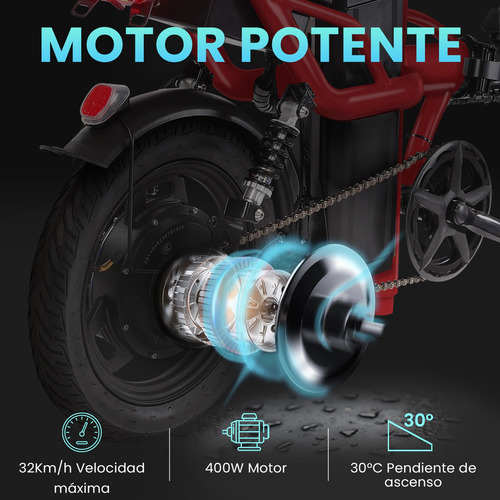 INLIFE C5 Bicicleta Eléctrica Plegable Con Dos Asientos & Batería Removible para Adultos, Potencia Máxima del Motor 800W, Velocidad Máxima 32KM/H, Autonomía 30-40KM, Batería 10AH, Color Rojo