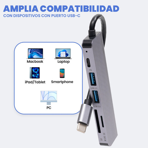 Hub Adaptador Usb Tipo C 6 En 1 Para Mac Macbook Windows Gris Claro