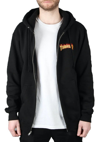 Campera Thrasher Modelo Hoodie Zip Flame Negro Exclusivo