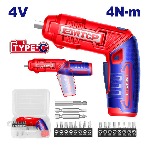 Atornillador Inalámbrico 4v Con Puntas Emtop Rojo/azul