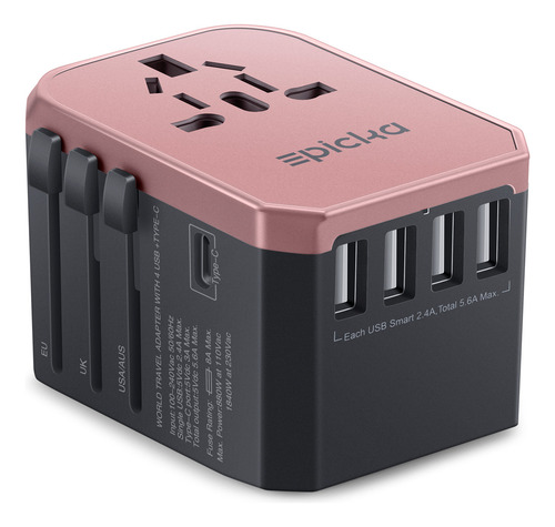 Adaptador de Viaje Universal EPICKA, Cargador Internacional con USB-C 3.0A Compatibilidad: Europa, EE.UU., Reino Unido y Australia (TA-105 Rosa Oro)