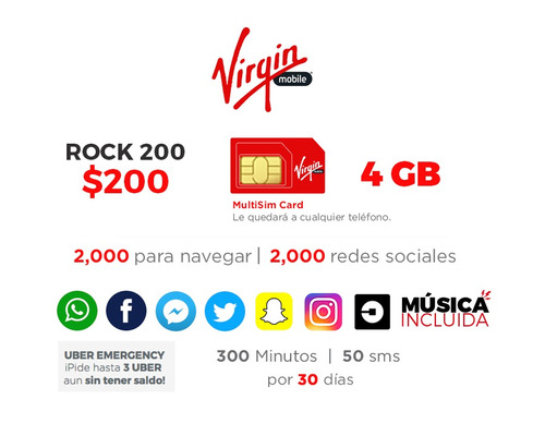 Plan Virgin Mobile200 - 4gb, 300 Min, 30 Días Chip Incluido