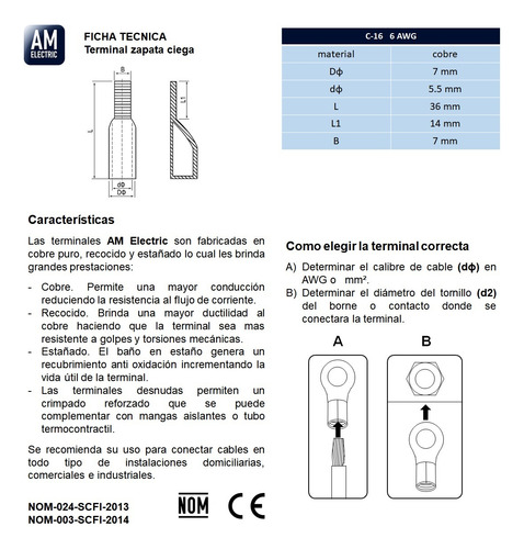 Terminal Zapata Ciega Cal 6 Awg 10 Pzs Estañado