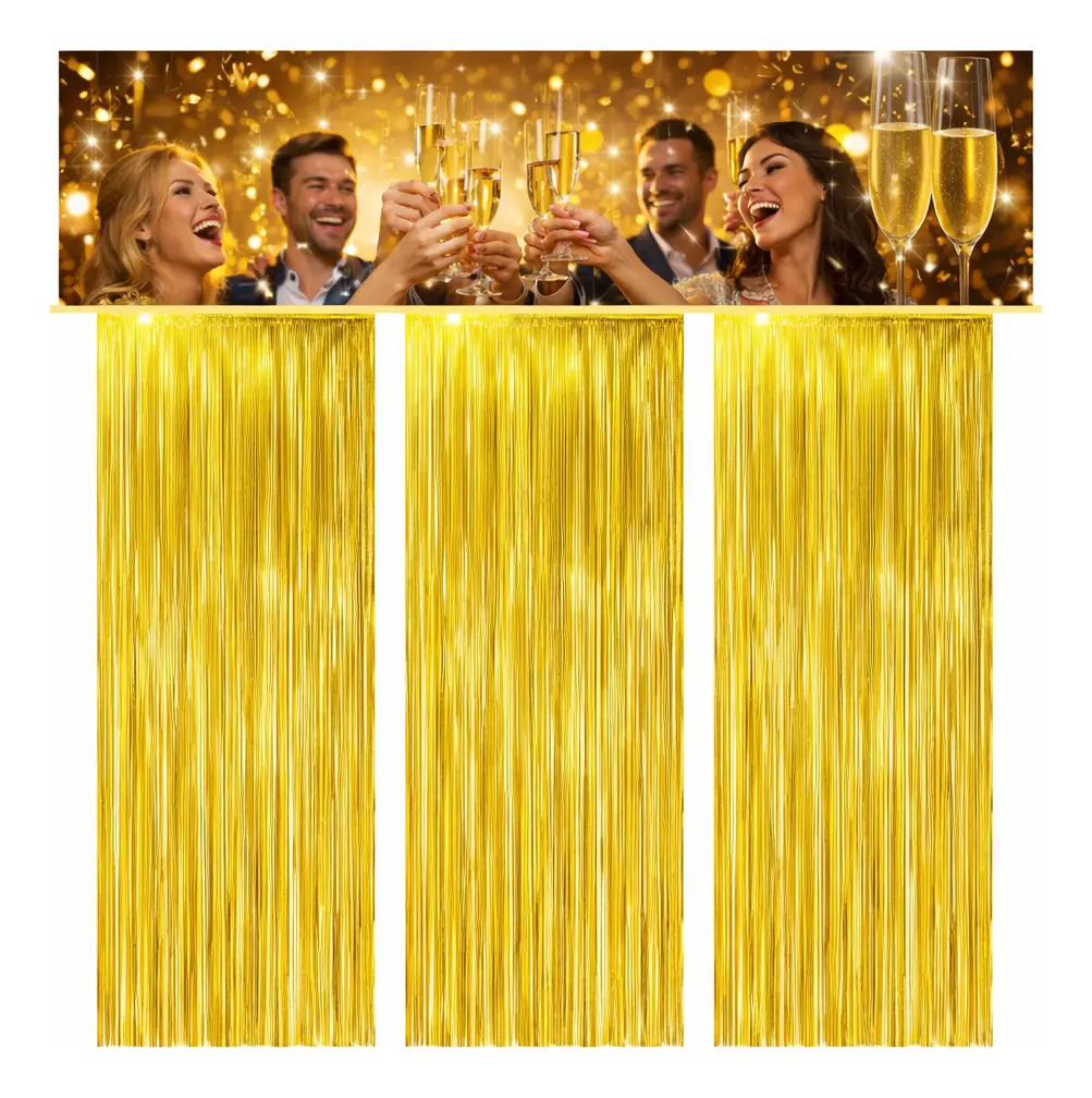 Kit 3un Cortinas Metalizadas Ouro Fitas Para Decoração Para Festas Cor Dourado