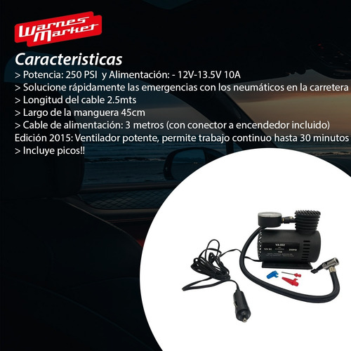 Imagen 2 de 9 de Mini Compresor Inflador Aire 12v Auto Medidor Presión 250psi