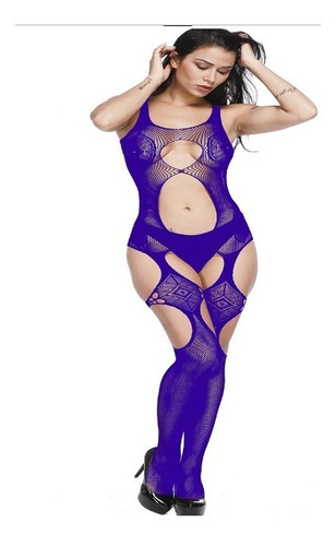 Sexy Body Baby Doll Azul Morado Abertura Medias Lencería