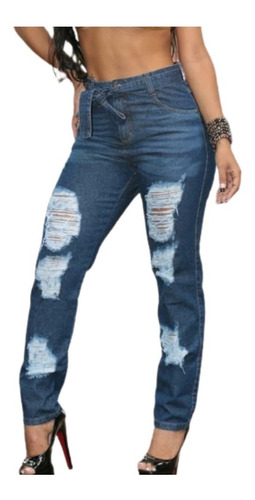 Calça Jeans Feminina Skinny Rasgada Com Faixa Na Cintura | Mercado Livre