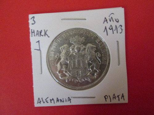 Moneda Imperio Aleman 3 Mark Prusiana Plata Año  1913 