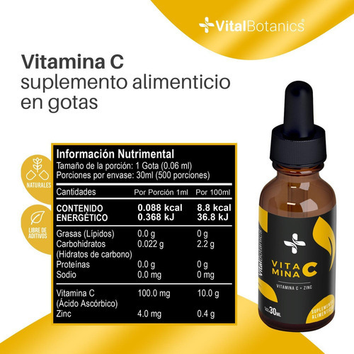 Gotero Vitamina C + Zinc Con 30 Ml Suplementos Vitalbotanics
