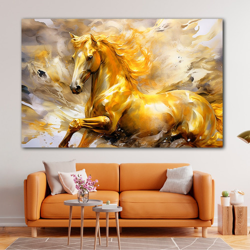 Cuadro Caballos Dorado Artistico Canvas Elegante 130x90 H5