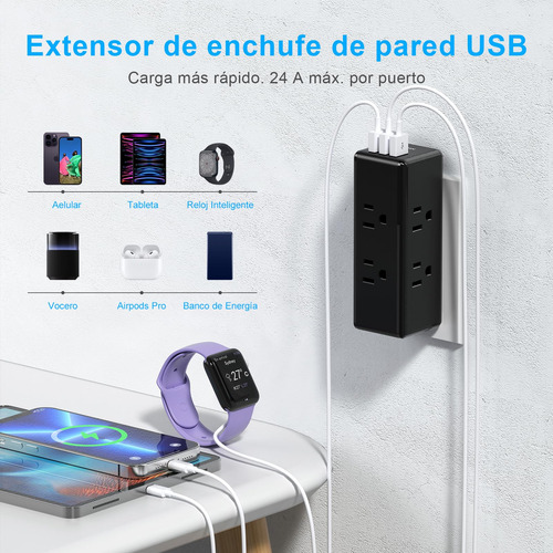 Regleta Enchufe Múltiple 6 Salidas Ca Y 3 Usb Para Hogar