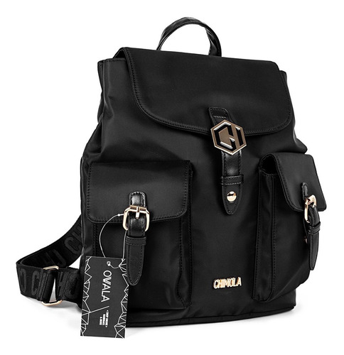 Imagen 1 de 6 de Mochila Negra Mujer Urbana Nylon Chimola Solapa Cierre Dama