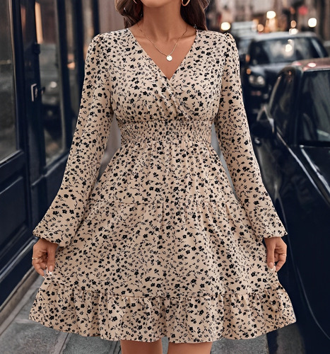 Vestido Corto Con Escote En V Y Estampado Floral De Mujer