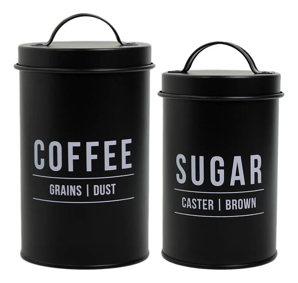 Conjunto Jogo Potes Lata Porta Mantimentos Açúcar Café Cor Preto