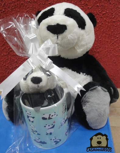 Caneca Com Urso Panda 35cm + 15cm Cute Azul Xicara Porcelana