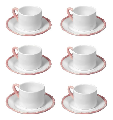Kit Chá Café 6 Xícaras E 6 Pires Cerâmica Modelo Bambu Rosa