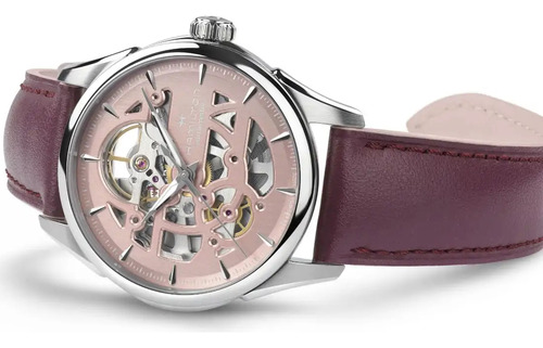 Reloj Hamilton Jazzmaster Skeleton Lady H32265870 Correa Violeta Bisel Plateado Fondo Rosa
