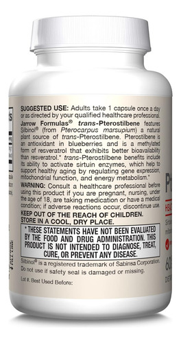 Pterostilbene Jarrow Formulas 50mg 60 Cápsulas Antioxidante Sabor Sin Sabor