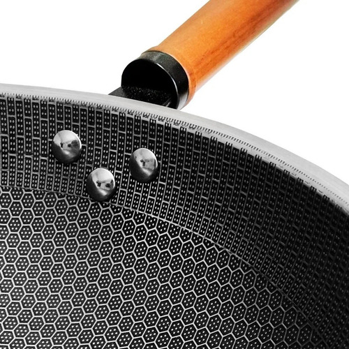 Imagen 2 de 10 de Sarten Wok De Acero Inoxidable Antiadherente M. Madera 30 Cm