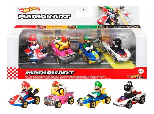 Hot Wheels Mario Kart Paquete De 4 Personajes Y Karts