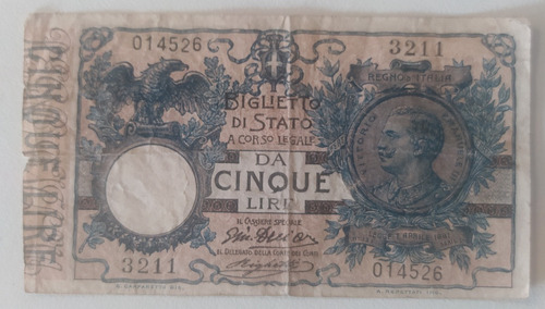 Antiguo Billete 5 Liras Italia 1914 Pick 23 D