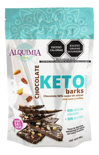 Chocolate Alquimia Viva Keto Barks 56% Cacao Con Nuez 140g