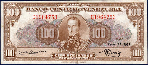 Billete De 100 Bolívares C7 Enero 17 1952 Simón Bolívar