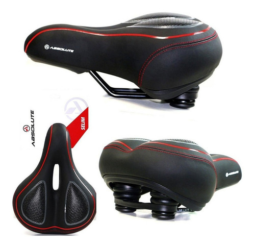 Selim Absolute Com Gel Elastômero Super Confortável Bike Cor Preto Listra Vermelho