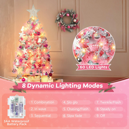 Mini Árbol De Navidad Rosa 90 Cm Preiluminado Con Adornos