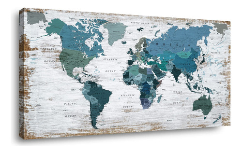Decoracion Verde Azulado Con Mapa Del Mundo, Lienzo, Cuadros