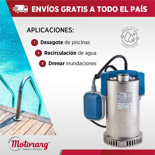Imagen 4 de 11 de Bomba Desagote Agua Limpia Motorarg Sd Inox750 1 Hp