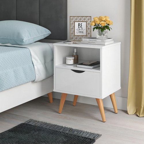 Mesa De Cabeceira 1 Gaveta Pés Em Madeira Retrô Branco Olinda