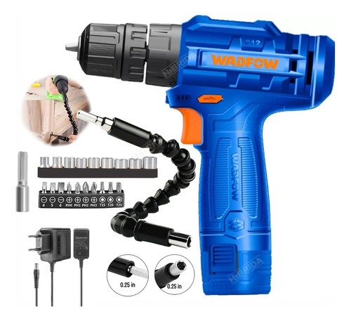 Taladro Atornillador 12v + Set Extensor Dado Punta Batería Color Azul