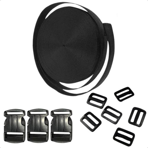 Fita Ca 40mm 10mt + 10 Fecho Fivela 10 Reguladores Preto