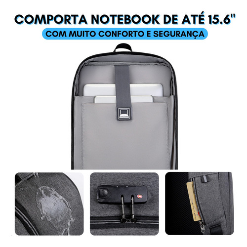 Mochila Masculina Executiva Antifurto Para Notebook 15.6 Polegadas Impermeável Rígida Viagem Avião Com Cadeado Trava Senha Bolsa Feminina Reforçada Anti Furto Antirroubo Usb Cor Preta Lebag