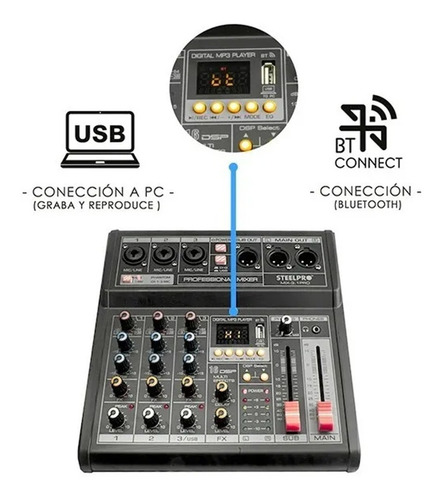 Mezcladora 4 Canales 3+subwoofer Xlr Bluetooth Usb Steelpro