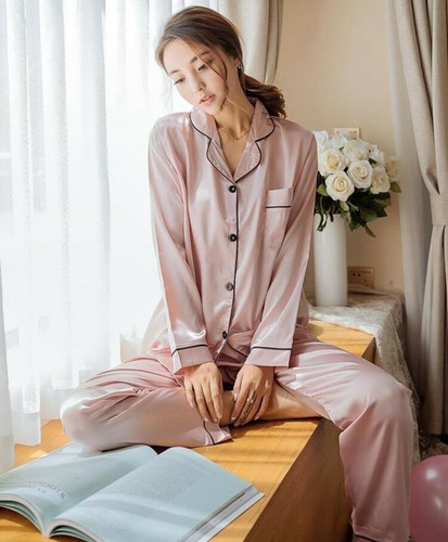 Pijama Set Manga Larga Pantalon Mujer Nightwear Pink Talla M