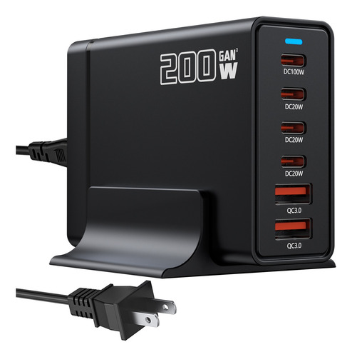 6 En 1 Cargador Rápido Tipo C 200w Gan 4 Tipo C Y 2 Usb A
