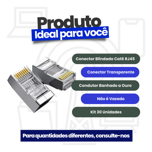 Conector Blindado Cat6 Rj45 Pacote Com 30 Unidades