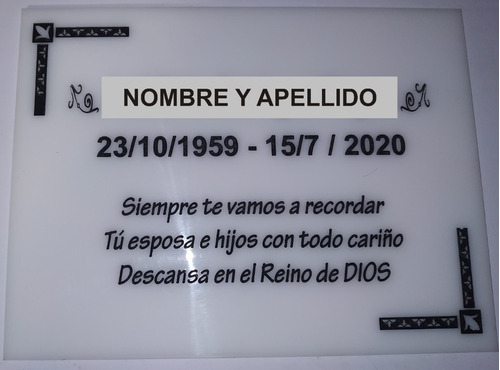 Placa Funerar De Acrílico N° 1 Para Cementerio 20 Cm X 15 Cm