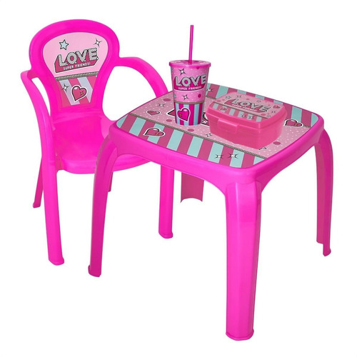 Kit Infantil Mesa Com Cadeira Lancheira E Copo 550ml Canudo Cor Rosa Love