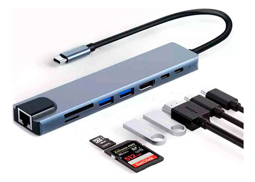 Adaptador 8 En 1 Usb C A Hdmi 4k Lan, 2xusb, Pd, Usbc, Sd Tf