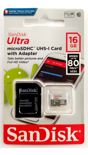 Sandisk Ultra 16gb Microsd + Sd Adp Cl10 80mb/s Original (6)
