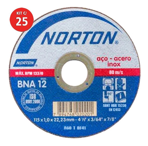 Disco De Corte Inox Extra Fino 4.1/2x1.0 Bna12 Norton 25 Uni