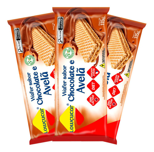 Bolacha Wafer De Chocolate Com Avelã Diet 115g - Kit Com 3