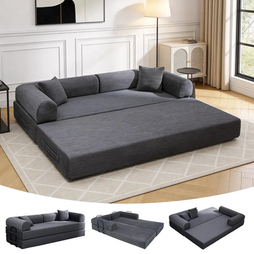 Sofá Cama Modular de Veludo Cotelê Cinza p/ 3 Pessoas, Com Espuma de Alta Densidade e Capa Removível