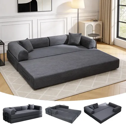 Sofá Cama Modular de Veludo Cotelê Cinza p/ 3 Pessoas, Com Espuma de Alta Densidade e Capa ​Removível