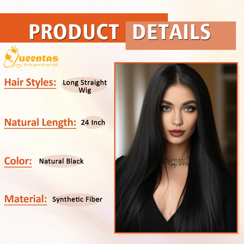 Peluca De Pelo Natural Negro Largo Y Liso Para Mujer Tamaño De La Base M