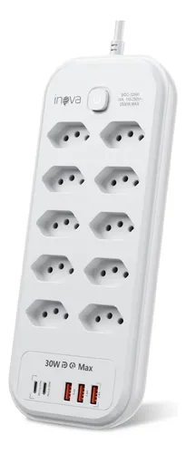 Filtro De Linha Régua Extensão 10 Tomadas Com 3 Usb E 2 Pd Branco 127/220v