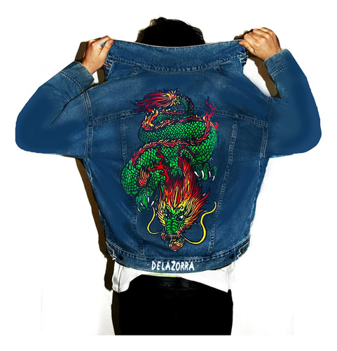 Campera Jean Hombre Dragon Chino Azul Nego Japones Oriental